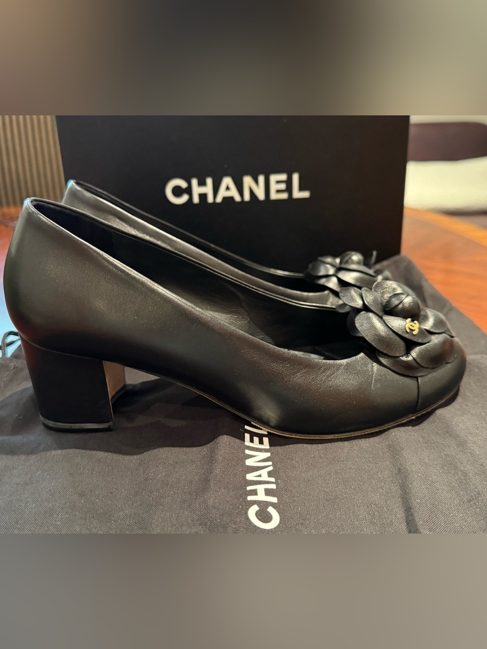 Authentic Chanel Black Leather Camellia Block Heel Pumps – Size 38C - Picture 8 of 15